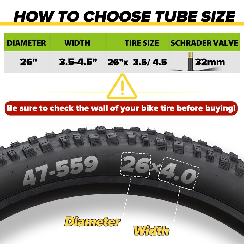 1 Pack 26x4 Fat Tire Tube with AV 32mm, 26x3.5-4.5 Fat Bike Tubes Heavy Duty with 1 Tire Lever, 26 x 4.0 Premium Butyl Rubber Bike Tube for Road/MTB/E Bike 26 x 3.50, 26 x 4.0, 26 x 4.5 by Hydencamm