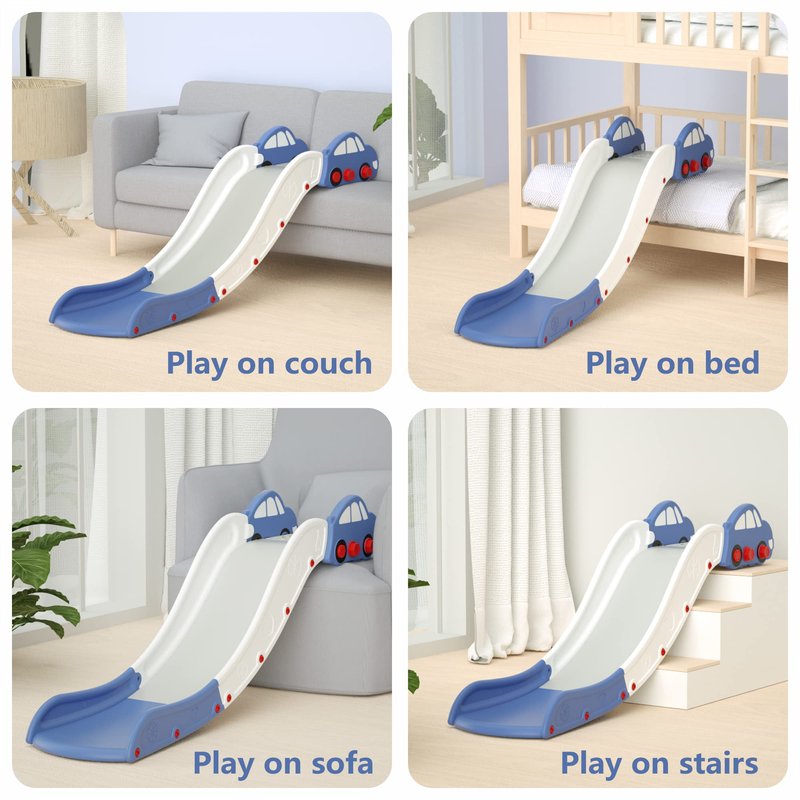 Couch Slide for Stairs Bed Kids Extended Widened Toddler Slide Plastic Indoor Toy Easy to Assemble Store Car Blue Plus