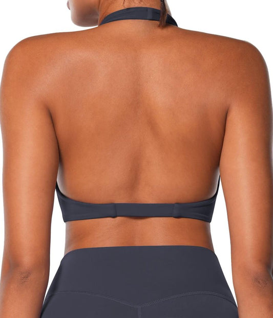 Sunzel Women's Halter Neck Sports Bra, Twist Front Yoga Crop Top with Removable Pads, Double Lined for Gym Workout or Lounge Ash Blue Small