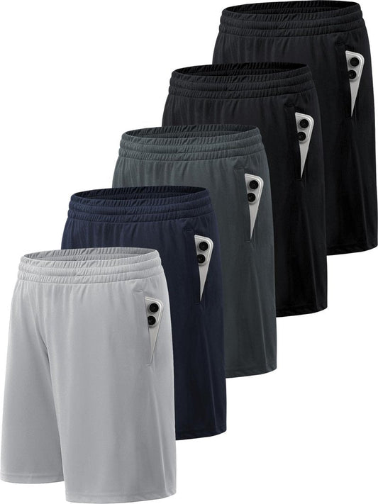 BVNSOZ Men's Athletic Shorts with Pockets and Elastic Waistband Quick Dry Workout Shorts for Men, Black x 2, Navy, Dark Grey, Light Grey, XL