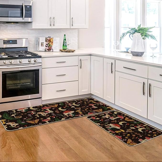 Artoid Mode Black Mushrooms Butterfly Spring Kitchen Mats Set of 3, Home Decor Low-Profile Kitchen Rugs for Floor - 17"x29"+17"x36"+17"x47"