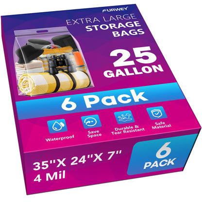 FURWEY 25 Gallon Extra Large Storage Bags 35”x 24”Resealable Clear Bags with Handle 4 Mil Thick Heavy Duty Big Bag for Clothes Pillow Travel Moving,Bedding,Shoes and Toys Storage, Pack of 6