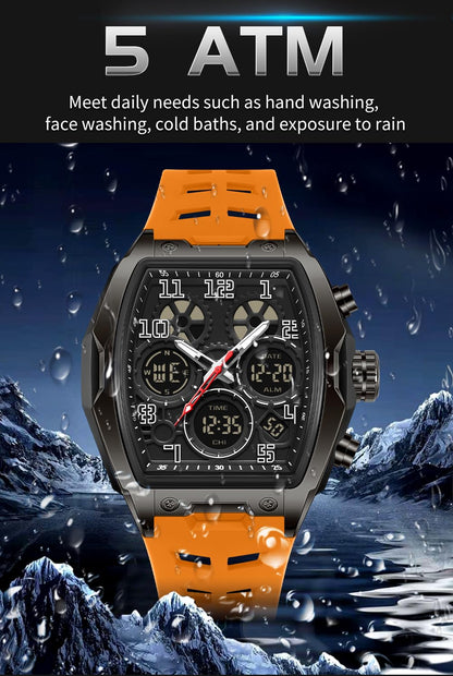FANMIS Watch for Men Fashion Hollow Unique Rectangle Dial Wristwatch Waterproof Sport Digital Analog Dual Time Display Stopwatch Punk Cool Design Silicon Strap Dress Watch (Orange)