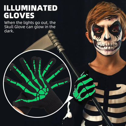 OTPEH Women Men 2 Pairs Skeleton Gloves Skull Bone Gloves Glow In The Dark Halloween Accessories