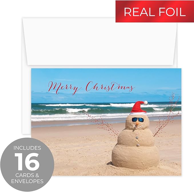 Canopy Street Masterpiece Beach Snowman Cards / 16 Merry Christmas Holiday Card Set With White Envelopes / 5 5/8" x 7 7/8" Winter Greeting Cards With Meaningful Inside Verse