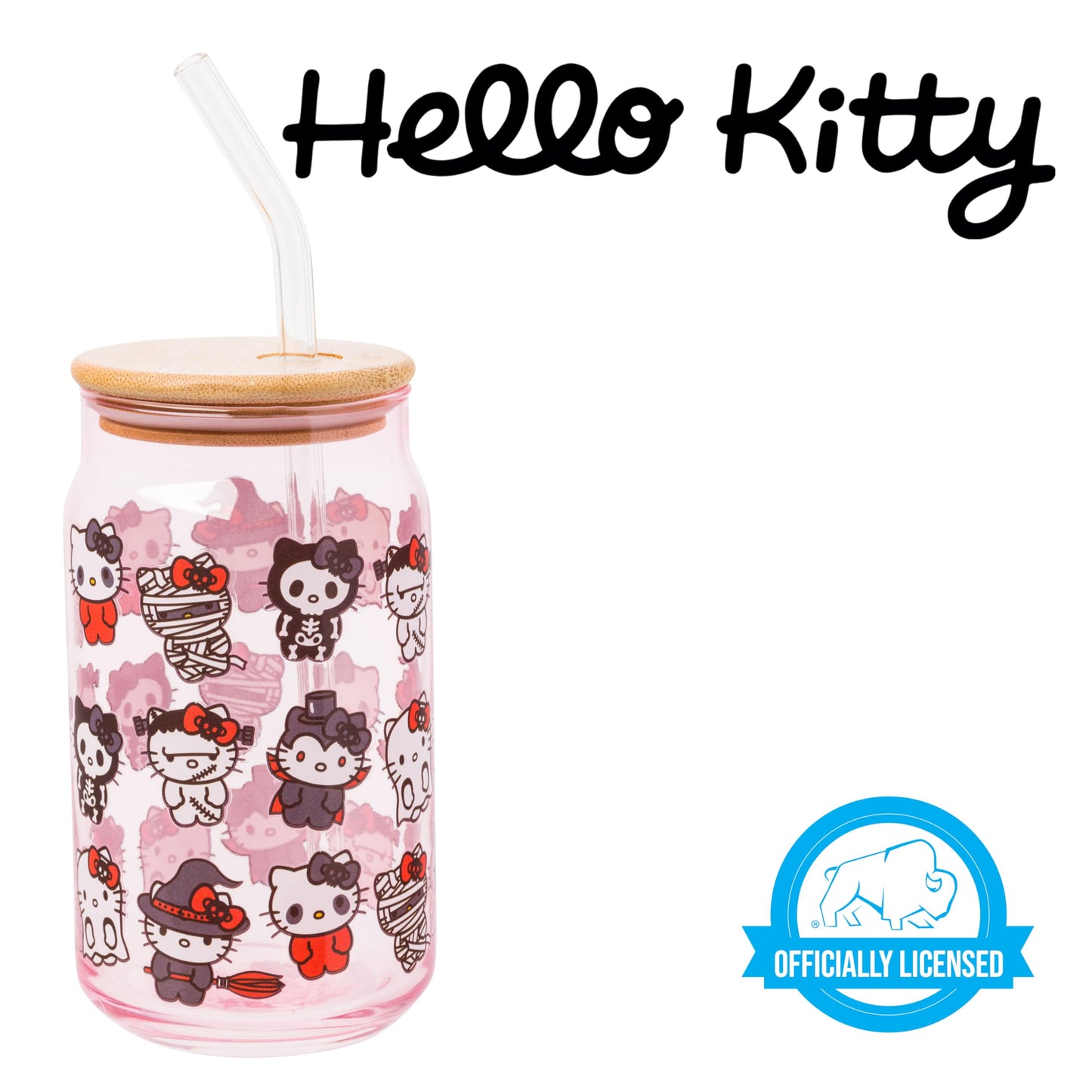 Silver Buffalo Sanrio Hello Kitty and Friends Halloween Spooky Costumes Ghost Witch Vampire Zombie Frankenstein Skeleton Pink Glass Jar Tumbler with Bamboo Lid and Glass Straw, 16 Ounces