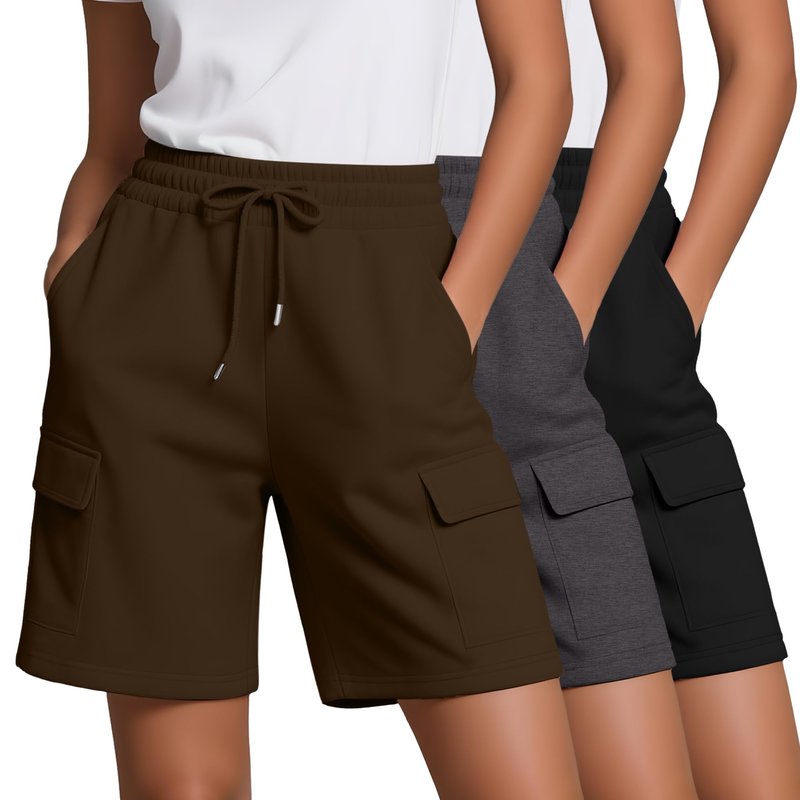 Neer 3 Pack Women's Bermuda Shorts Cargo Knee Length Drawstring Long Shorts Casual Yoga Soccer SweatShorts with 4 Pockets(Black, Dark Gray, Brown,Medium)