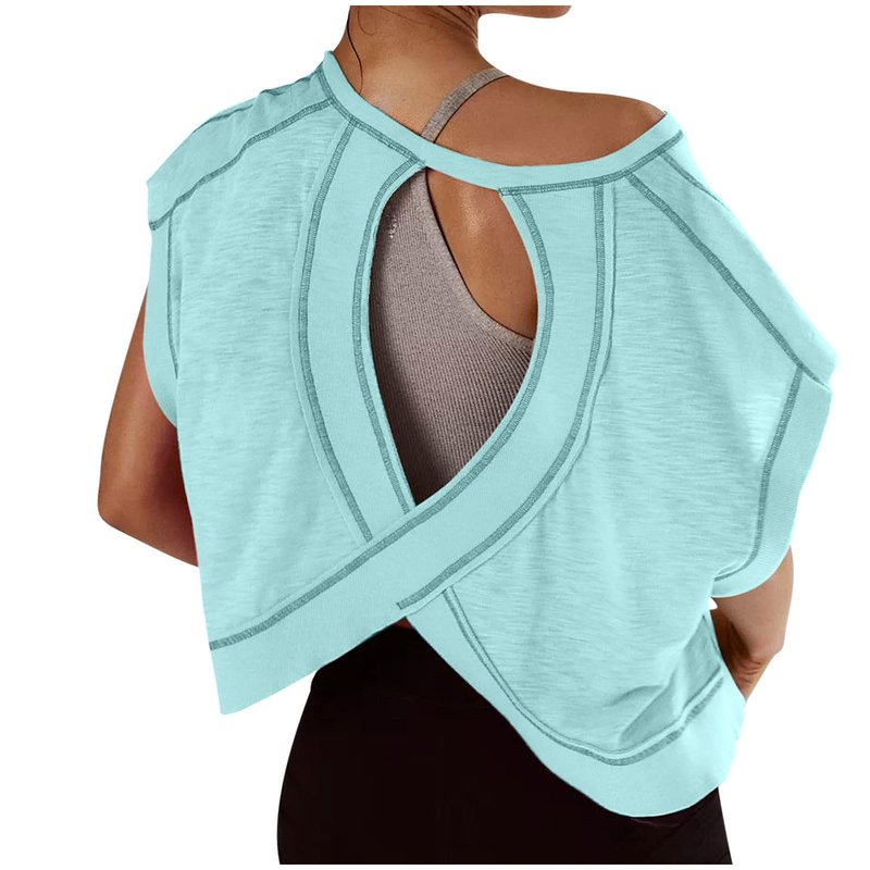 Open Back Workout Tops for Women, Womens Open Back Workout Tops Short Sleeve Y2k Yoga Shirts Athletic Gym Slouchy Crop Tshirt Casual Backless Running Tees