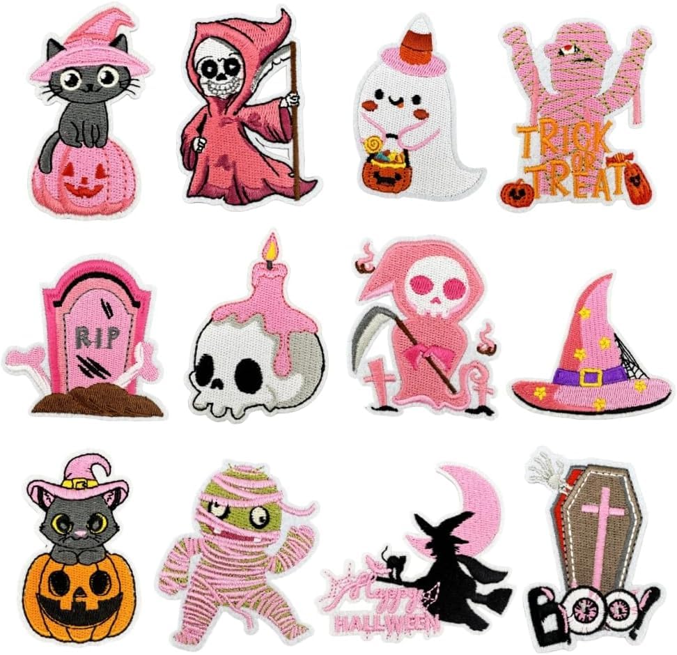 AXEN 16pcs Halloween Iron on Patches, Pink Halloween Patches Embroidered Applique for Girls Clothing, Hats, Backpacks, Jeans