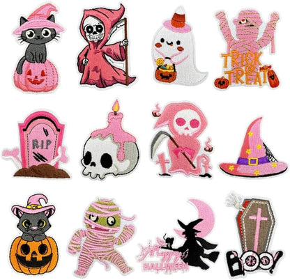AXEN 16pcs Halloween Iron on Patches, Pink Halloween Patches Embroidered Applique for Girls Clothing, Hats, Backpacks, Jeans