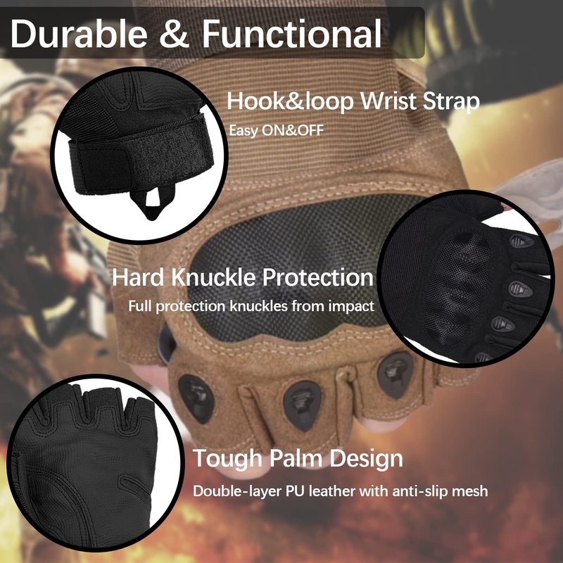 Sutekus Black Fingerless Tactical Gloves with Hard Knuckle Protection for Adults, Outdoor Activities, Sports, Work, Touchscreen Operation (Medium)