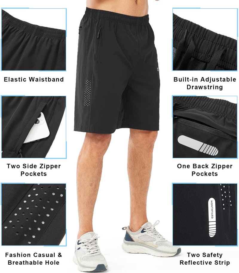 NORTHYARD Men's Athletic Running Shorts Gym Workout 7"/9"/5" Quick Dry Lightweight Sports Basketball Tennis 3 Zipper Pockets Black-9inch 2XL