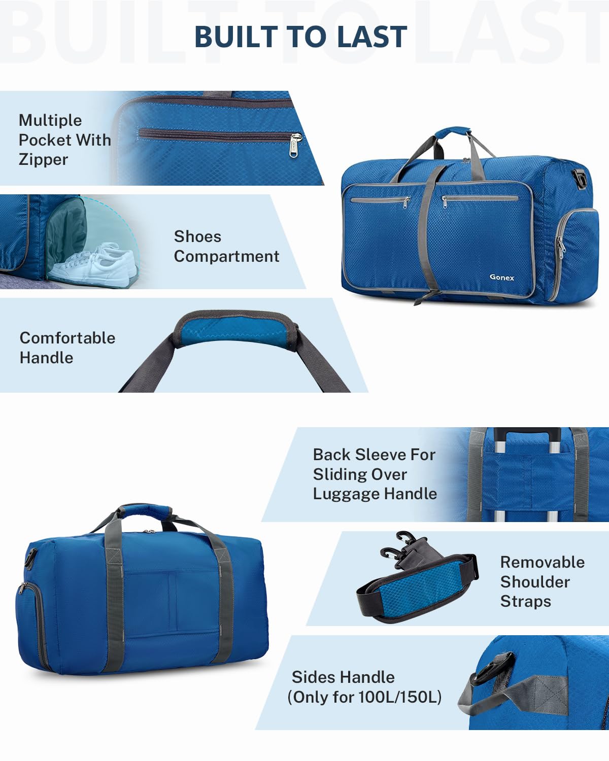 Gonex 40L Large Foldable Travel Duffle Bag with Shoes Compartment, Packable Lightweight Water Repellent Duffel Bag for Camping Gym Weekender Bag Deep Blue