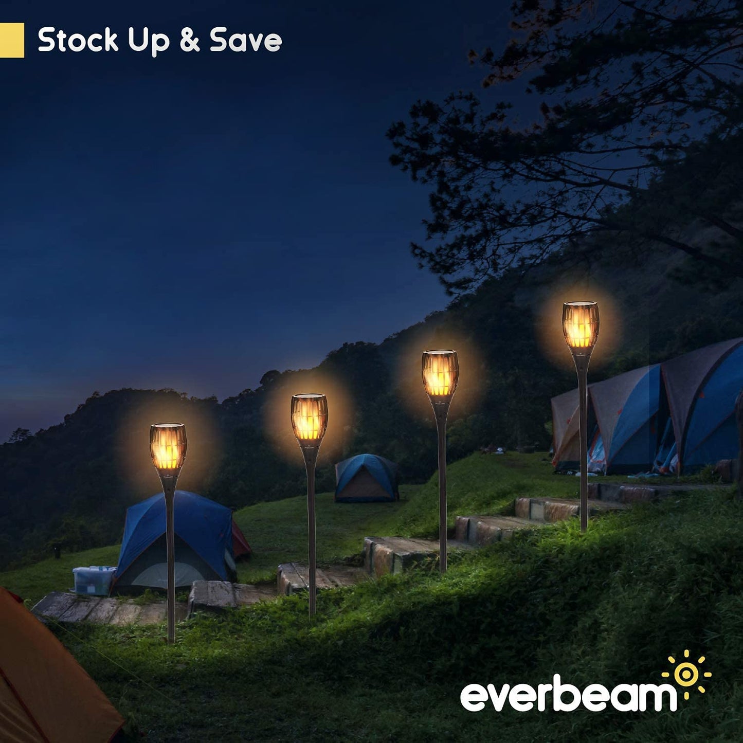 Everbeam P1 Solar Torch Light with Flickering Flame - Our Waterproof Outdoor Solar Tiki Torches Come Equipped with 96 LED Bulbs That Create A Stunning Realistic Fire Effect - 2 Pack