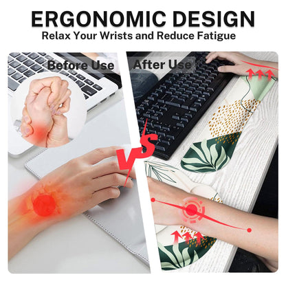 Britimes Keyboard Mouse Pad Set 4in1 Large Mousepad+Keyboard Wrist Rest+Mouse Wrist Rest+Coaster Set with Ergonomic Design for Home Office Computer 35.4x15.7Inches (Green Boho Leaves)