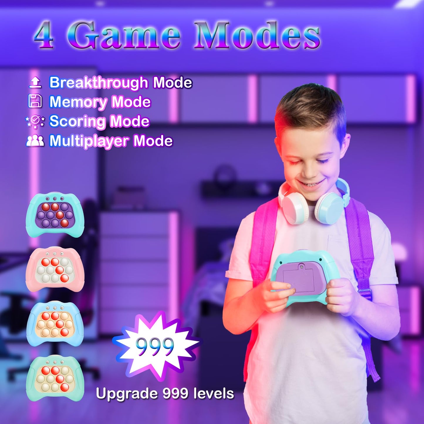 AOTIBO Fast Push Machine Light Up Fidget Toys for Kids Adults, Handheld Game for Kids 3-12, Quick Push Bubble Stress Toy, Sensory Toys Travel Games, Xmas Birthday Gifts for Boys Girls (Blue - Purple)