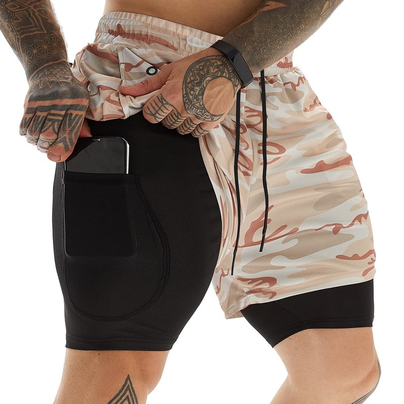 JWJ Men's 2 in 1 Workout Running Shorts 7 Inch Lightweight Athletic Gym Shorts with Compression Liner Camouflage Khaki L