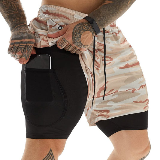 JWJ Men's 2 in 1 Workout Running Shorts 7 Inch Lightweight Athletic Gym Shorts with Compression Liner Camouflage Khaki L