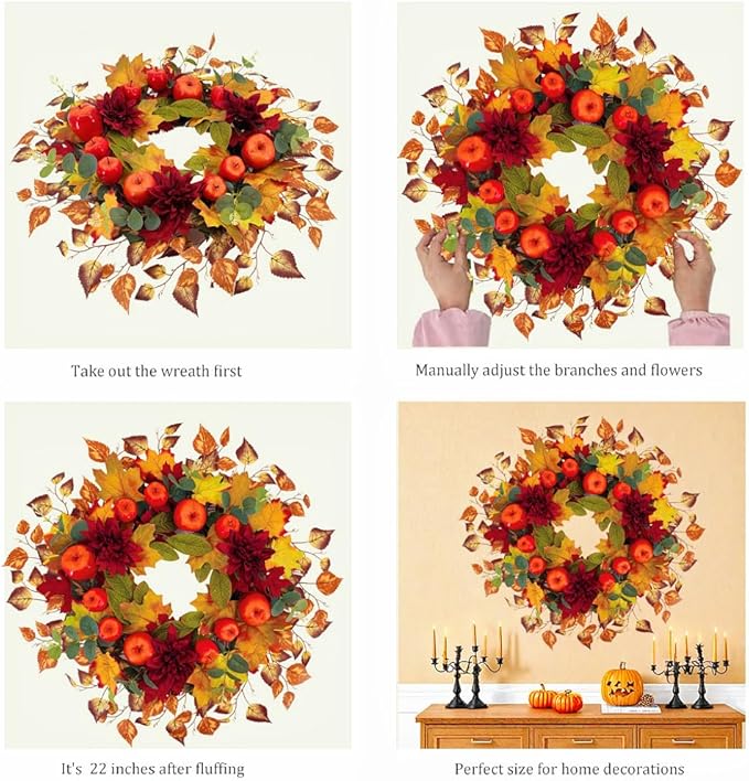 22 Inch Fall Wreath for Front Door, Thanksgiving Artificial Autumn Apple Wreath with Maple Leaves Dahlia Hydrangea for Farmhouse Home Window Wall Office Wedding Indoor Outdoor Decorations
