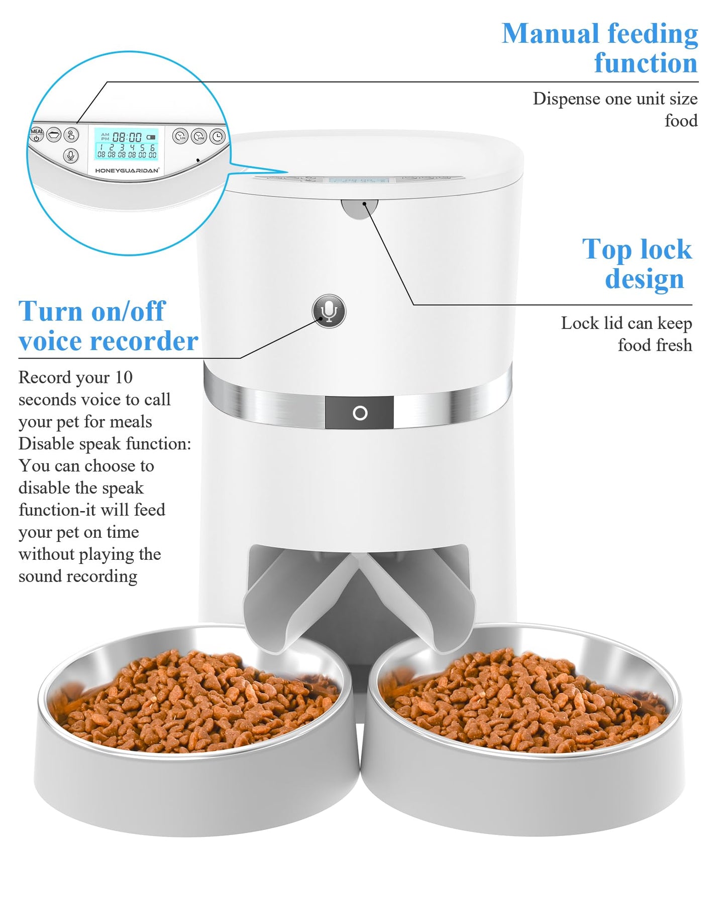 Automatic Cat Feeder, WellToBe Pet Feeder Food Dispenser for Cat & Small Dog with Two-Way Splitter and Double Bowls, up to 6 Meals with Portion Control, Voice Recorder - Battery and Plug-in Power