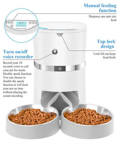 Automatic Cat Feeder, WellToBe Pet Feeder Food Dispenser for Cat & Small Dog with Two-Way Splitter and Double Bowls, up to 6 Meals with Portion Control, Voice Recorder - Battery and Plug-in Power