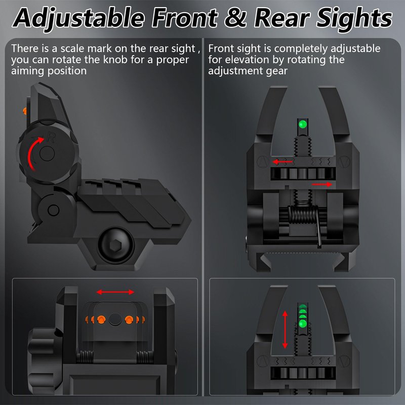 JORMIX Folding Fiber Optic Sights Flip Up Sights Front and Rear Back up Sights for Picatinny Weaver Rails with Red Green Full Dots Polymer (Front Green+Back Red)