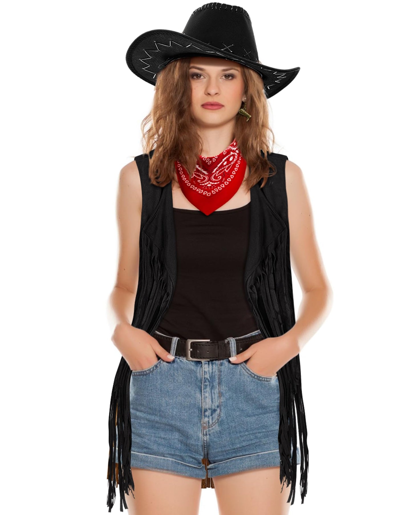 Xtinmee 4 Pcs Halloween Western Cowgirl Outfits Set Women Tassel Vest Cowboy Hat Dangle Drop Earring Paisley Bandana Dress up(3XL,Black)