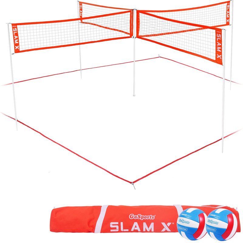 GoSports Slam X Huge 21 ft x 21 ft 4 Way Volleyball Game Set - Ultimate Backyard & Beach Game for All Skill Levels