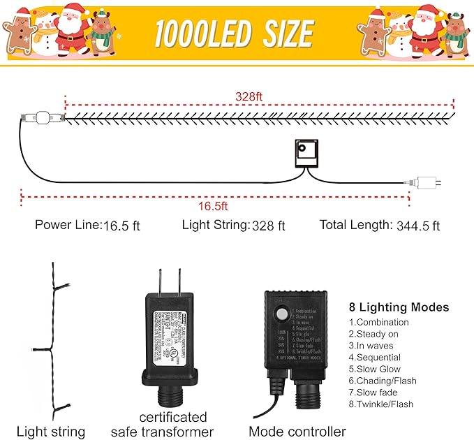Weillsnow 328 FT 1000 LED Christmas String Lights with Remote & Timer, 8 Lighting Modes Twinkle Lights, Waterproof Fairy Lights For Outdoor Bedroom Backyard Tree Wall Christmas Decoration (Warm White)