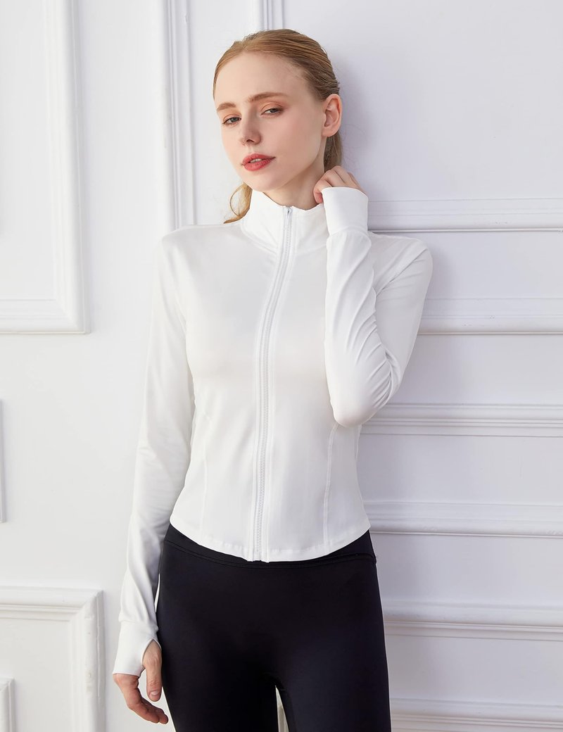 Lviefent Womens Lightweight Full Zip Running Track Jacket Workout Slim Fit Yoga Sportwear with Thumb Holes (White, Large)
