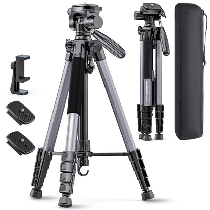 CAMBOFOTO 74"-Camera-Tripod, Professional Aluminum Tripod/Leg Stand Mirrorless Camera/DSLR/Cell Phone/Camcorder/GoPro, with Phone Holder and Travel Bag (Gunmetal Gray) Weight 2.8 lbs Load 8.8 lbs