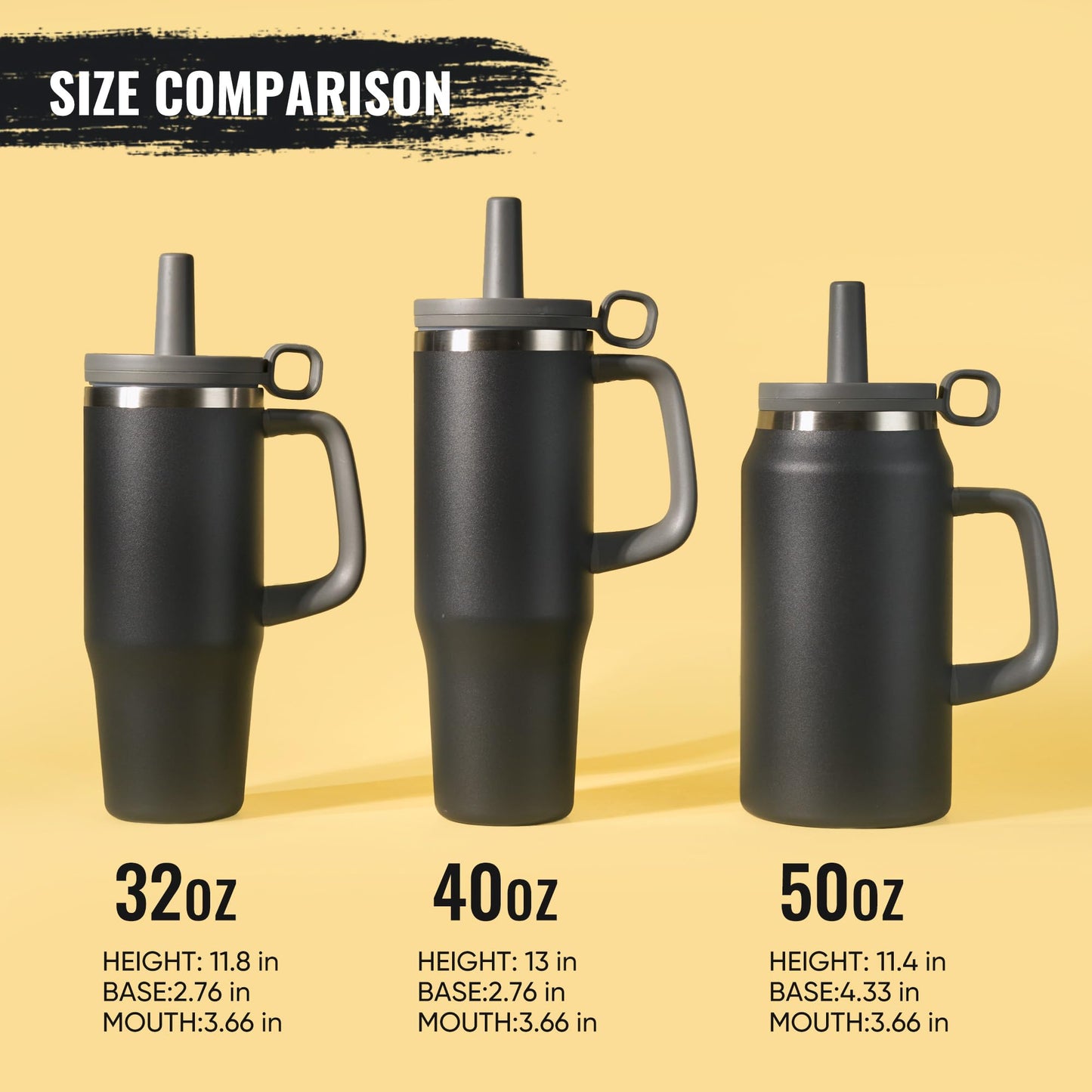 Fijinhom 32oz Tumbler, Insulated Stainless Steel Water Bottle with Straw, Cover Cap, Leak Proof Travel Tumbler with Handle, BPA-Free, Cupholder Friendly, Gifts for Women & Men, Black