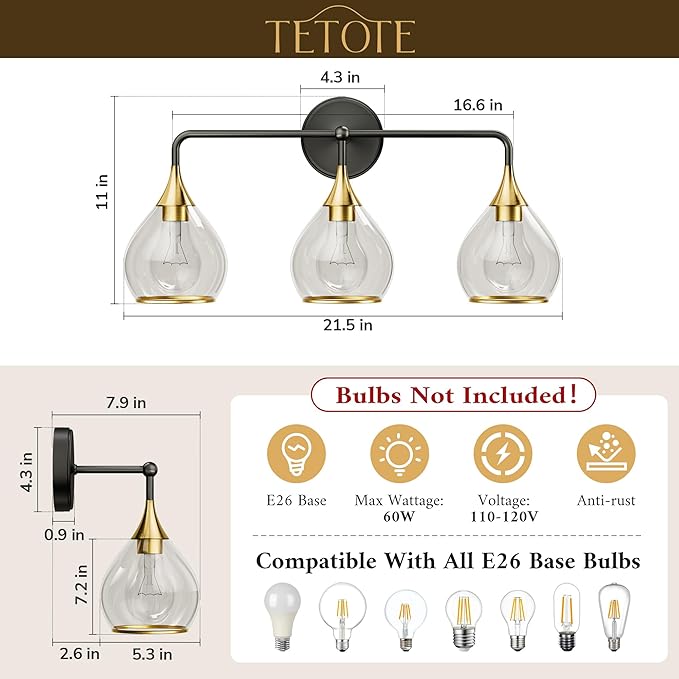 TETOTE 3-Light Modern Bathroom Light Fixtures, 3 Light Vanity Lights Over Mirror Black & Gold Wall Lamp with Clear Glass for Bathroom, Mirror, Living Room, Bedroom, Hallway