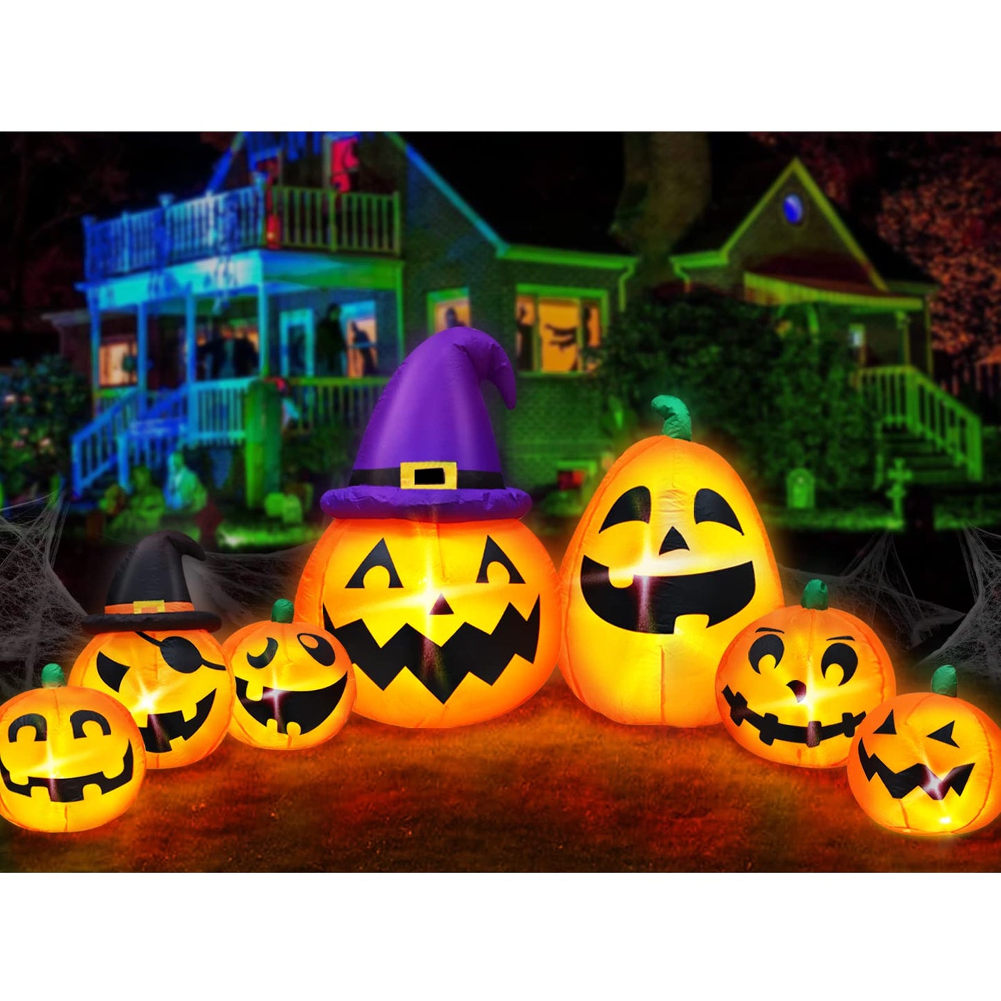 12 Ft Long Halloween Inflatables Pumpkins Outdoor Yard Decoration, 7 PCS Blow up Pumpkins and 2 Witch Hats Built-in LED Lights for Home Holiday Party Lawn Patio Outside