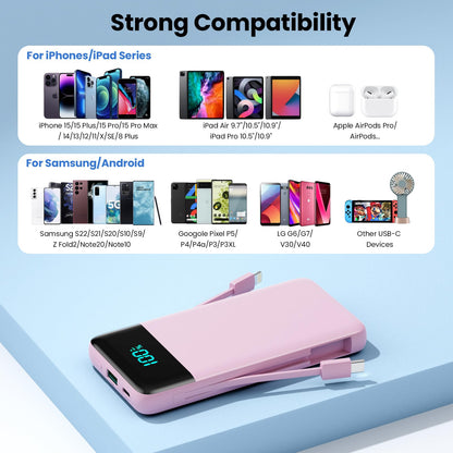 Wireless Portable Charger 40800mAh with 3 Built-in Cables,7-in-1 15W Wireless Charging Power Bank,25W PD QC 4.0 Fast Charging USB C LCD Display Battery Pack for iPhone 17/16/15/13,Samsung,Android etc