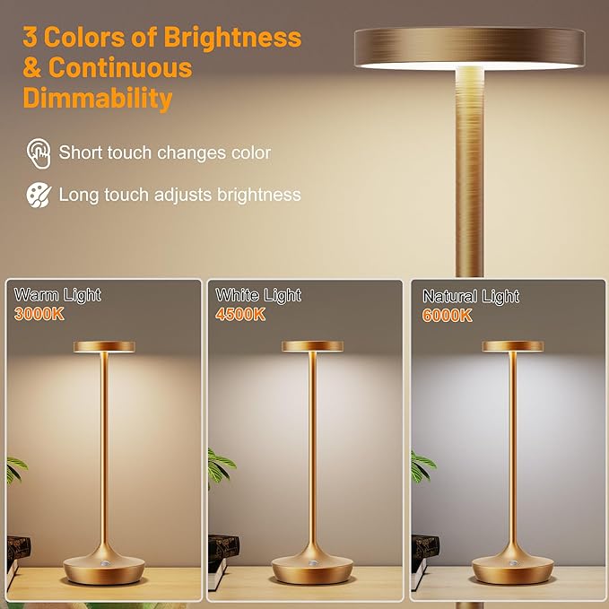 Cordless Table Lamp Rechargeable - 6000mAh LED Battery Operated Table Light - Portable Touch Dimmable Outdoor Waterproof Table Lamps for Patio Restaurant Dining (2 Bronze)
