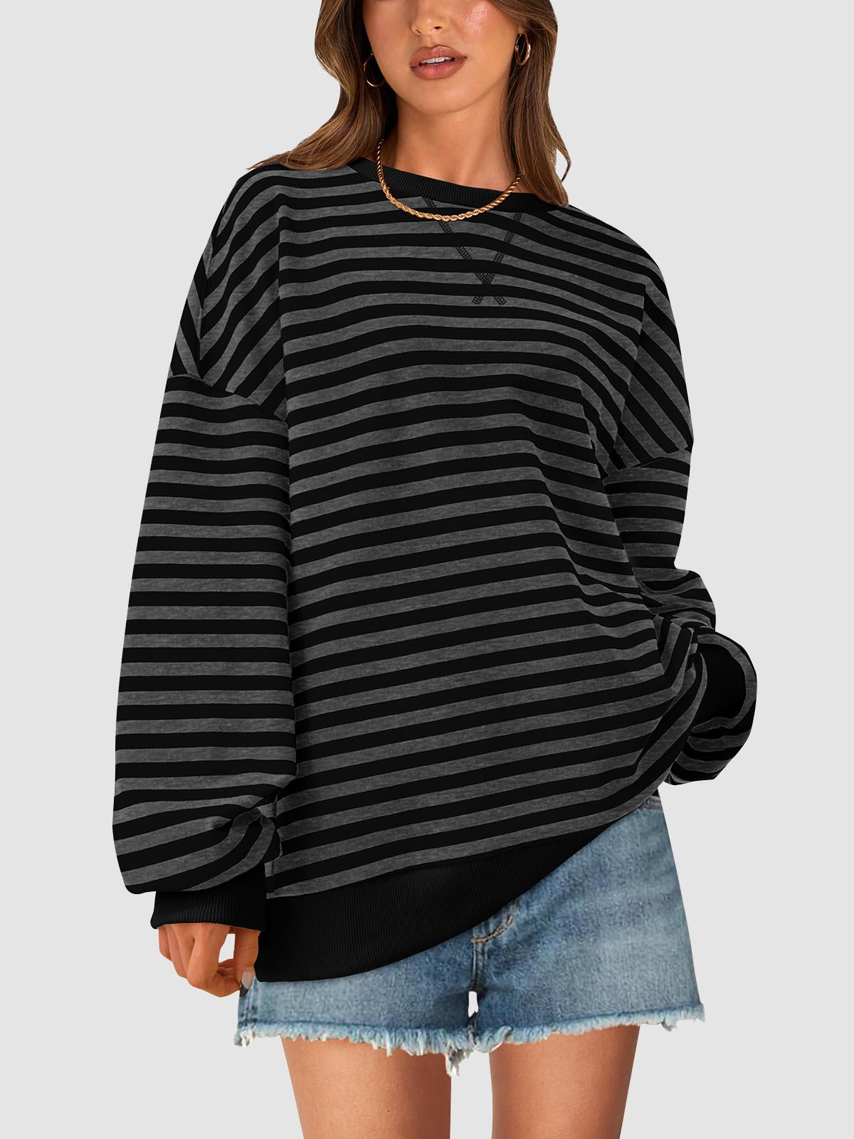 PRETTYGARDEN Women Oversized Striped Color Block Long Sleeve Crew Neck Sweatshirt Casual Loose Pullover Y2K Shirt Top (Black Dark Grey, X-Large)