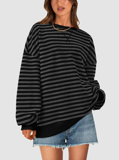 PRETTYGARDEN Women Oversized Striped Color Block Long Sleeve Crew Neck Sweatshirt Casual Loose Pullover Y2K Shirt Top (Black Dark Grey, X-Large)