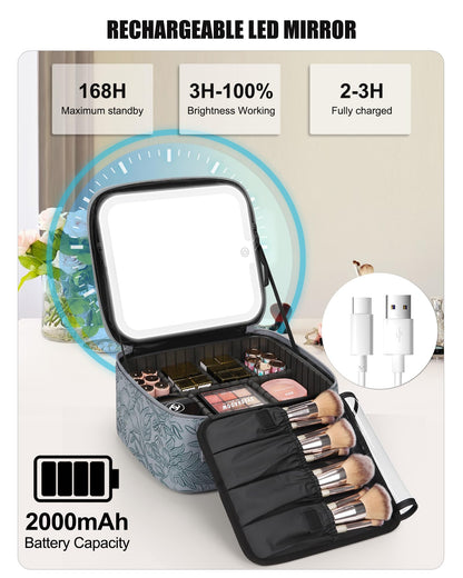 Relavel Travel Makeup Bag With LED Mirror, Cosmetic Train Case with Light up Mirror, Portable Makeup Artist Organizer Bag with Adjustable Dividers, Makeup Brush Holder Storage, Black