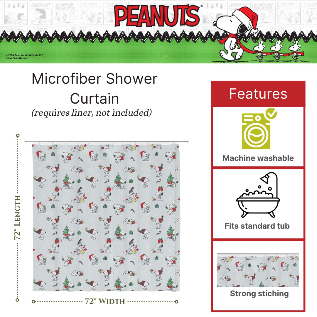 Franco Peanuts Holiday Christmas Bath Microfiber Shower Curtain, 72x72, (Officially Licensed Product)