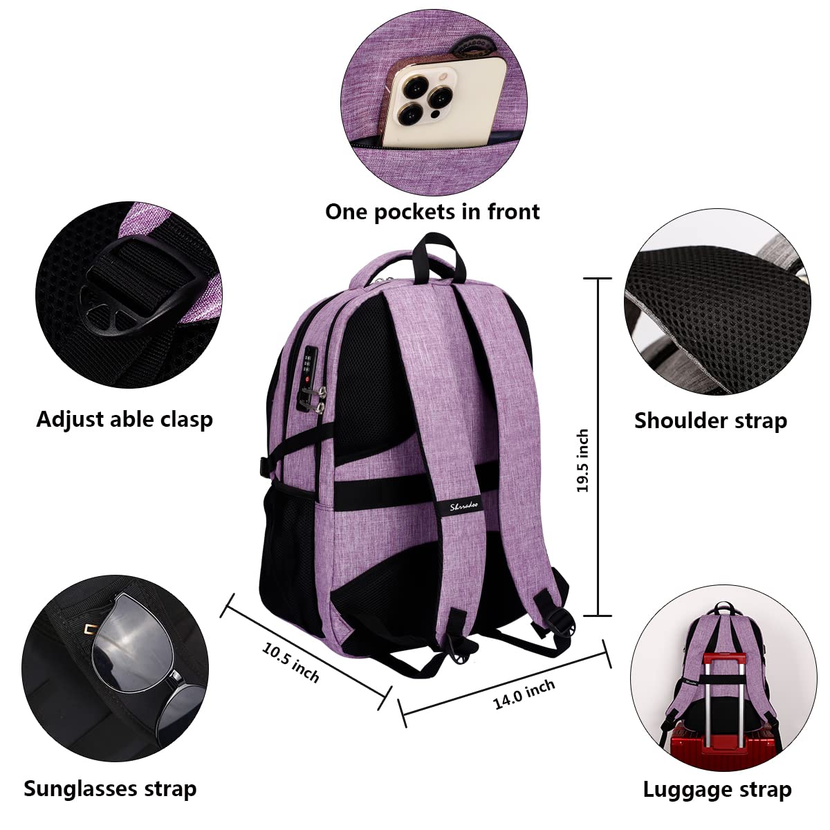 SHRRADOO Anti Theft Laptop Backpack Travel Backpacks with usb Charging Port for Women Men, Purple, L, Travel Laptop Backpack