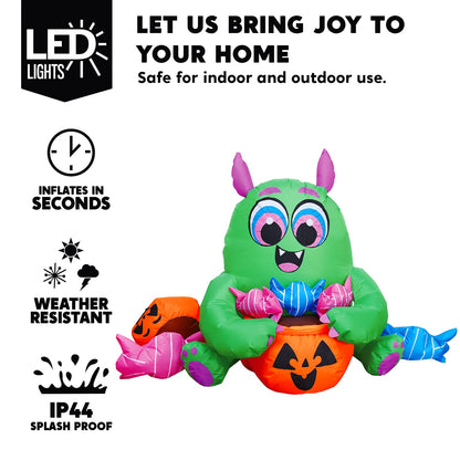Joiedomi 5 Ft Long Cute Halloween Inflatables Monster with Candies Outdoor Decorations, Blow Up Monster with Build-in LEDs Halloween Inflatables for Indoor, Outdoor, Yard, Garden, Lawn Decorations