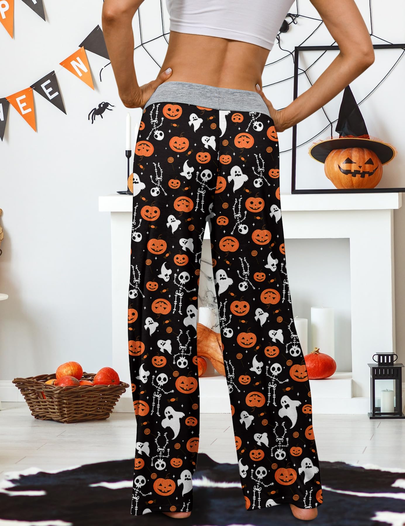 ALISISTER Halloween Pj Pants for Women Skeleton Skull Wide Leg Pajama Pants Pumpkin Casual Comfy Drawstring Sleep Bottoms Sleepwear Pyjamas Size L Orange