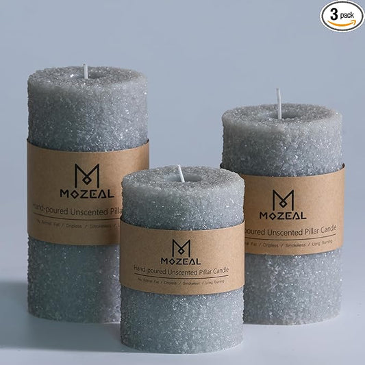 MOZEAL Hand-Poured Granular Texture Decorative Gray Pillar Candles Set of 3 (3'x4' 5' 6'),Approx 300 Hours Burn Time Dripless, Unscented, Smokeless