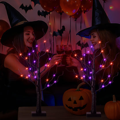 encavy Halloween Decorations Indoor,2 Pack 2FT Birch Tree with 24 Orange and Purple LED Lights,Black Spooky Halloween Tree for Holiday Party,Tabletop Decor for Home,Office,Christmas,Fireplace,Mantle