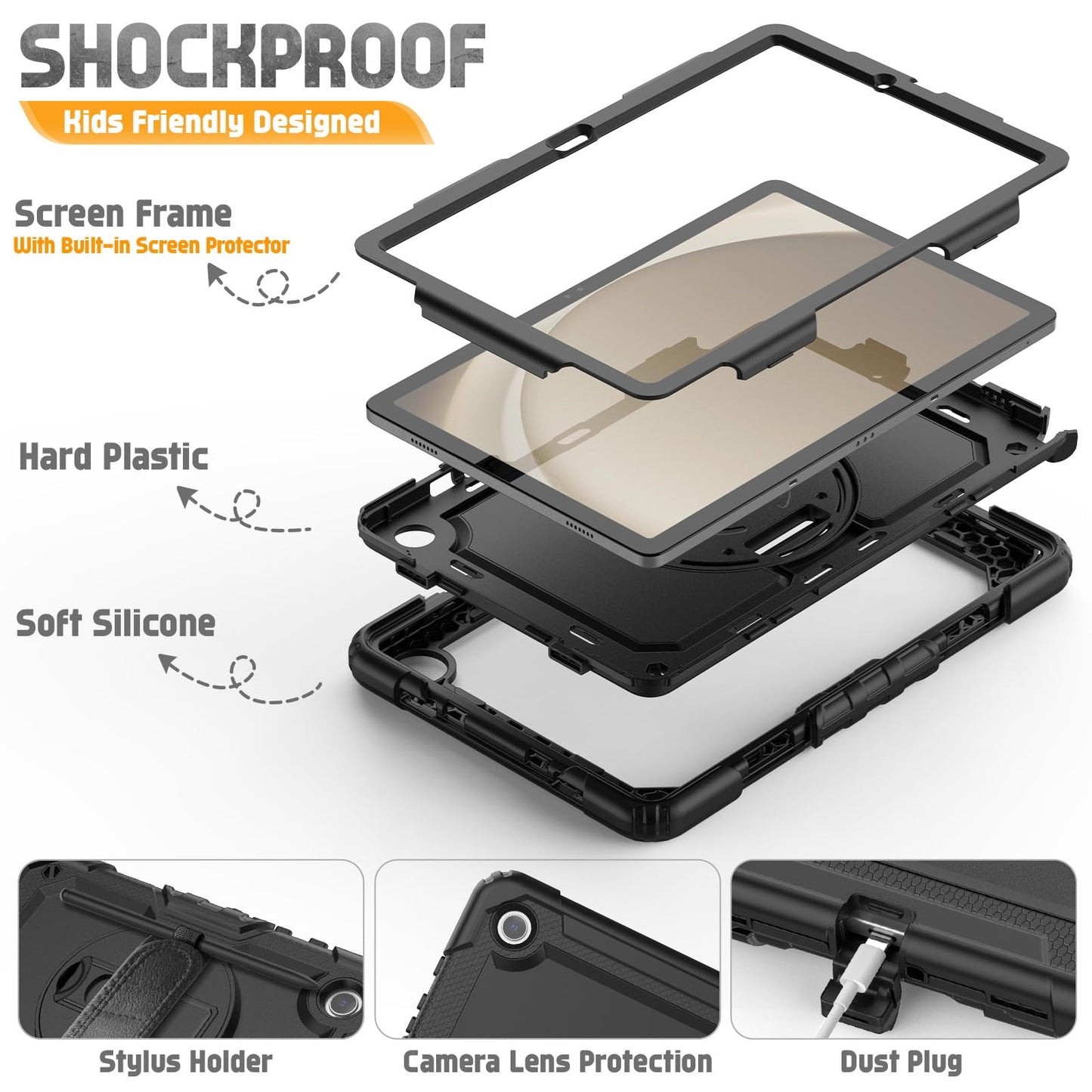 SEYMCY Case for Samsung Galaxy Tab A9+/ A9 Plus 11 Inch 2023, Full Body Shockproof with Screen Protector, 360° Rotating Hand Strap & Stand, Shoulder Strap for Samsung A9 Plus Tablet Case, Black