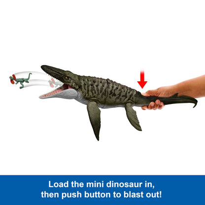 Mattel Jurassic World Rebirth Bite N Blast Mosasaurus Action Figure & Mini Dilophosaurus, Wide Jaw Dinosaur Toy, Movie-Accurate Posable, Digital Play, JJP80