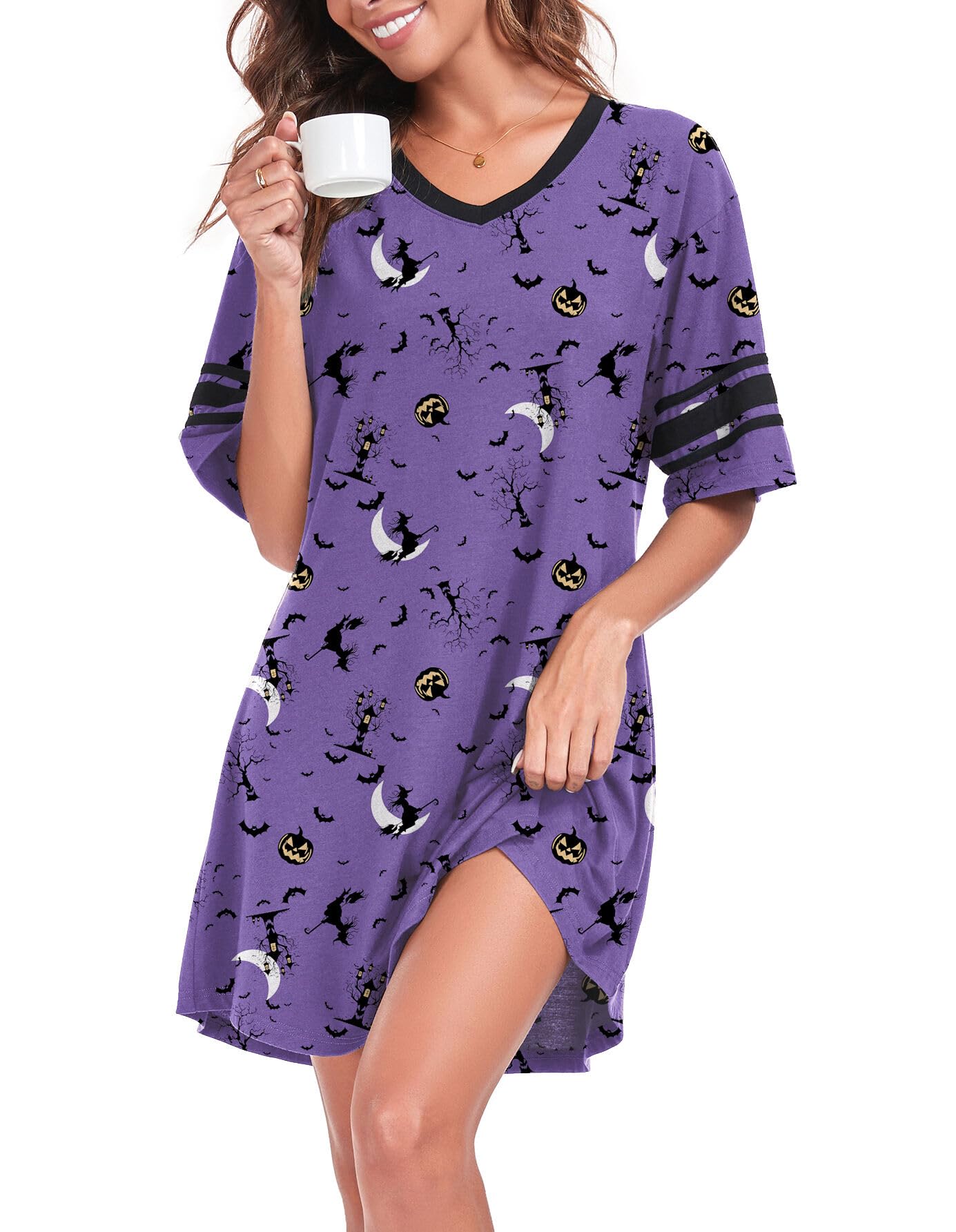 REGAI Women's Nightgown Short Sleeve V Neck Nightshirt Casual Sleepwear, Halloween Purple, XXL