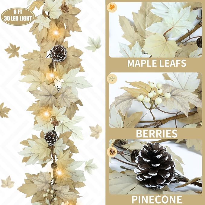 6 FT Realistic Fall Garland with Lights Timer Function Fall Leaves Maple Garland with Berries Pine Cones Autumn Automatic Fall Decorations for Home Mantle Fireplace Porch Table Decor