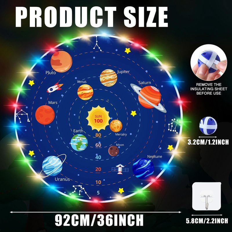 Glimin 36 Inch Large LED Dart Board Double Sided Dartboard with 20 LED Sticky Balls Planet Giant Dartboard Shooting Outdoor Toys Indoor Sport Toys Dartboards Party Game Toy Birthday Gifts